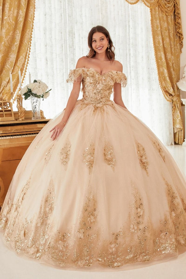 FLORAL OFF THE SHOULDER QUINCE BALL GOWN