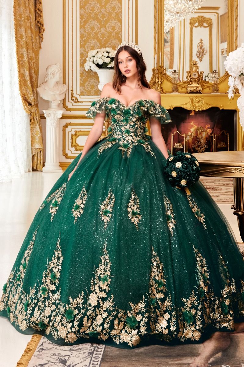 FLORAL OFF THE SHOULDER QUINCE BALL GOWN