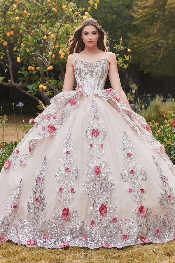 LAYERED TULLE QUINCE BALL GOWN WITH FORAL APPLIQUE