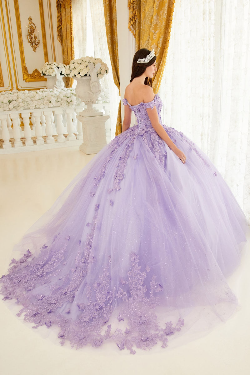 LAYERED TULLE BALL GOWN WITH LACE APPLIQUE