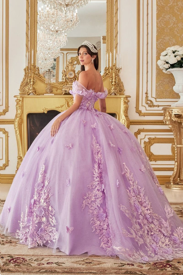 OFF THE SHOULDER FLORAL APPLIQUED BALL GOWN