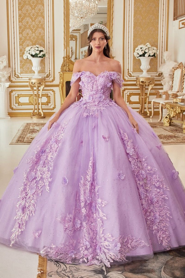 OFF THE SHOULDER FLORAL APPLIQUED BALL GOWN
