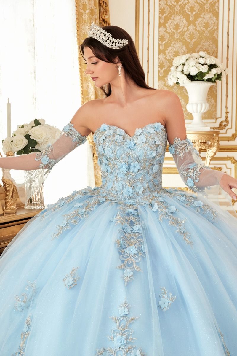 LAYERED TULLE BALL GOWN WITH FLORAL APPLIQUE