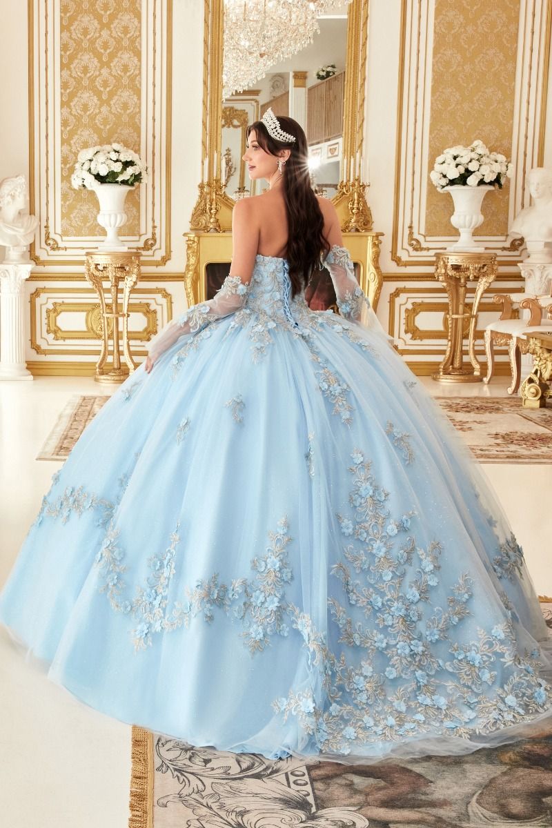 LAYERED TULLE BALL GOWN WITH FLORAL APPLIQUE