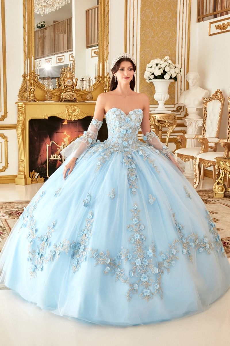 LAYERED TULLE BALL GOWN WITH FLORAL APPLIQUE