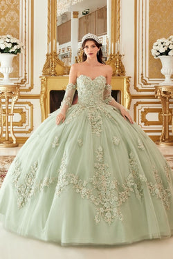 LAYERED TULLE BALL GOWN WITH FLORAL APPLIQUE
