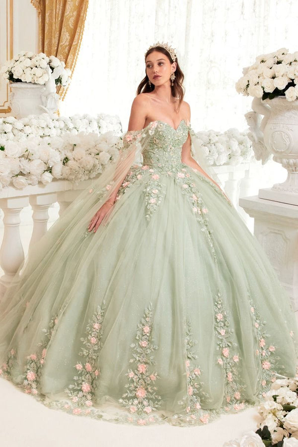 SAGE BALL GOWN WITH BLUSH FLORAL DETAILS
