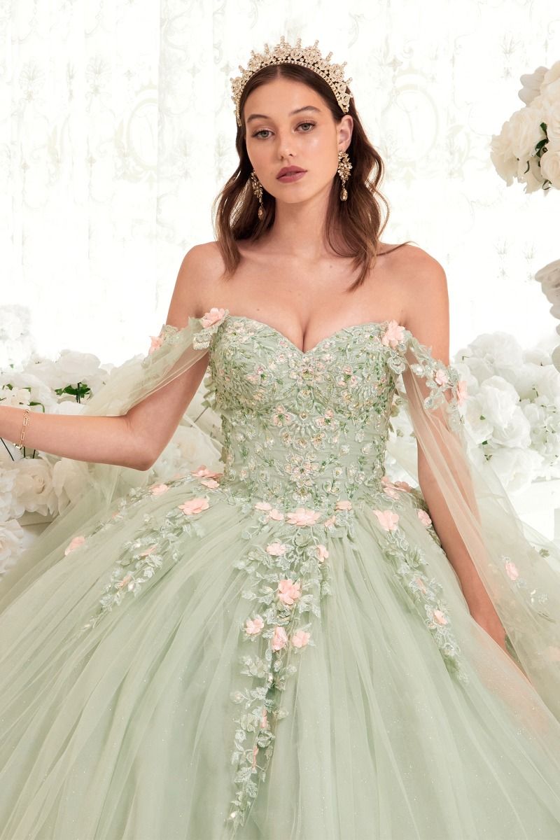 SAGE BALL GOWN WITH BLUSH FLORAL DETAILS