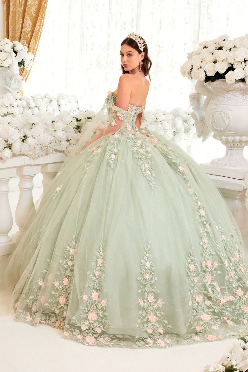 SAGE BALL GOWN WITH BLUSH FLORAL DETAILS