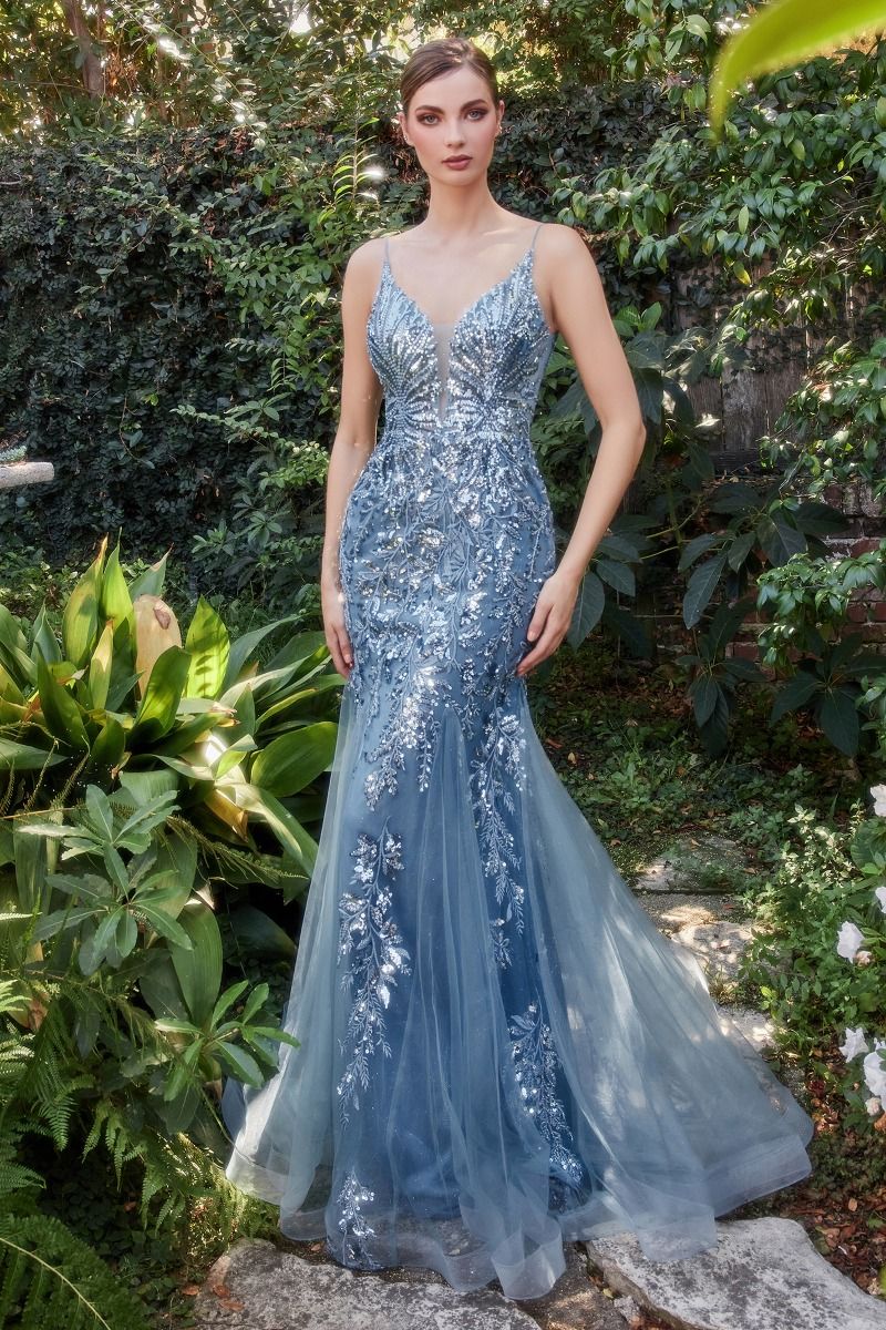 FITTED MERMAID GOWN WITH BEADED LACE APPLIQUE