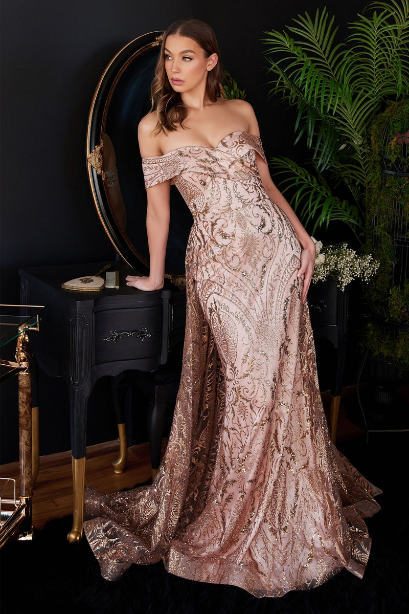 OFF THE SHOULDER LACE GOWN WITH OVER SKIRT