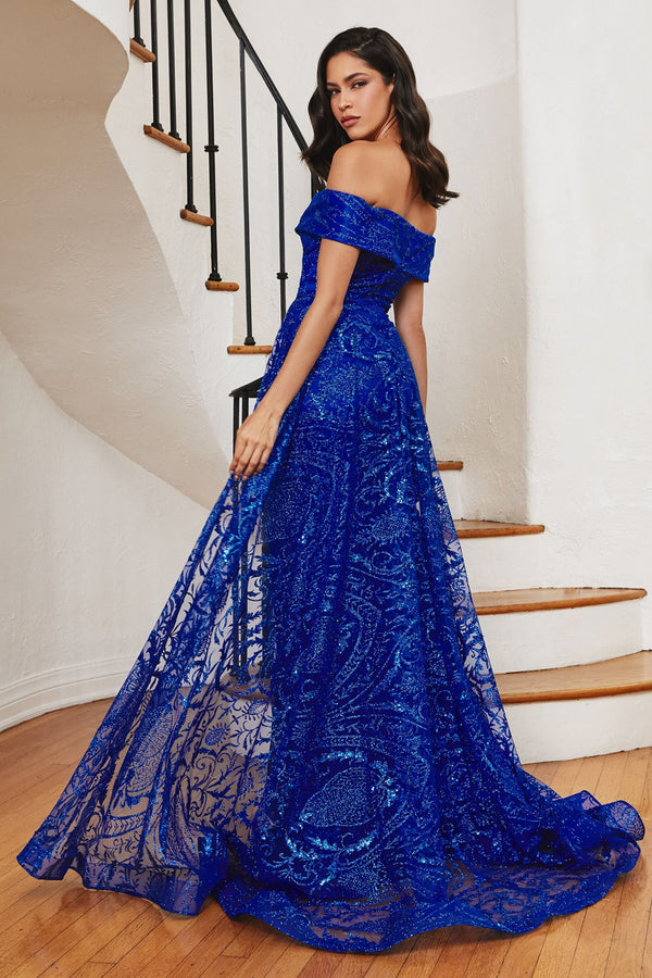 OFF THE SHOULDER LACE GOWN WITH OVER SKIRT