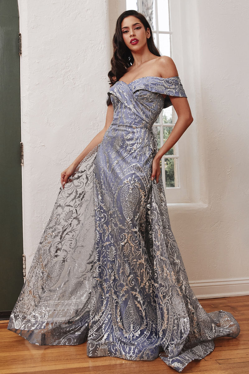 OFF THE SHOULDER LACE GOWN WITH OVER SKIRT