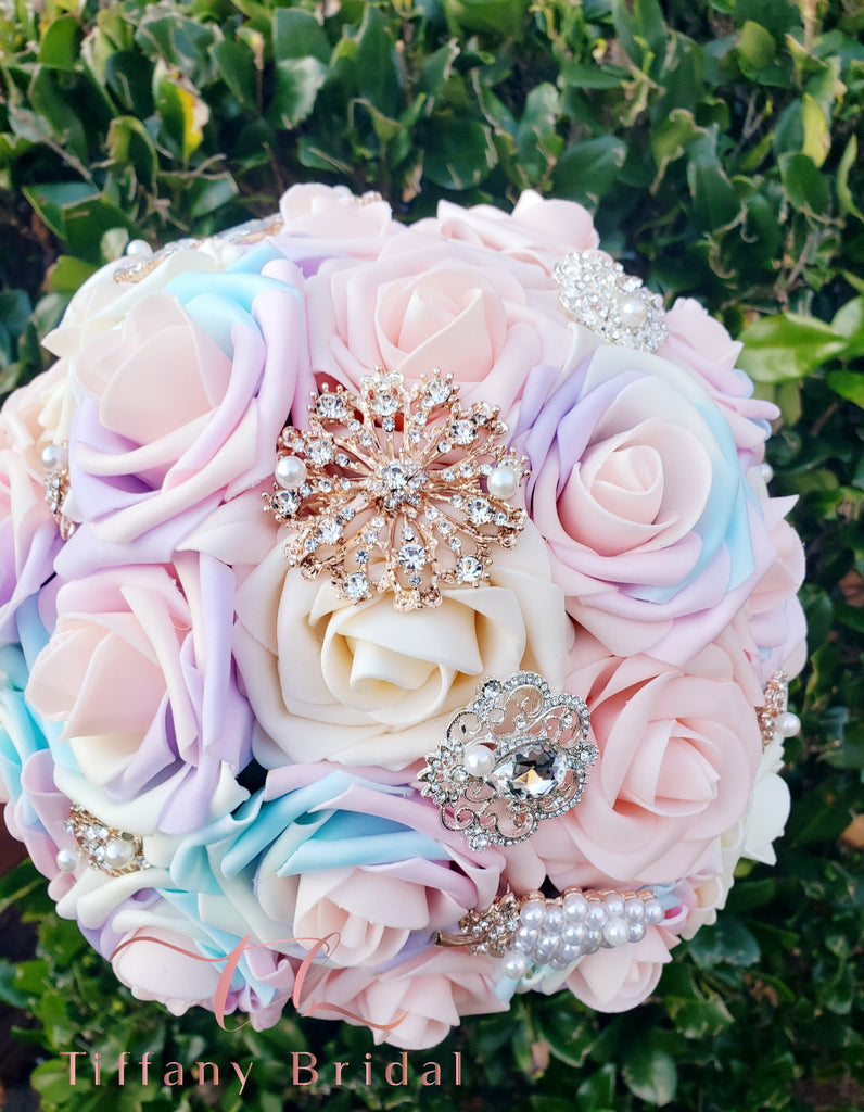 Light Blue, Gray Wedding Brooch Bouquet – Tiffany Bridal