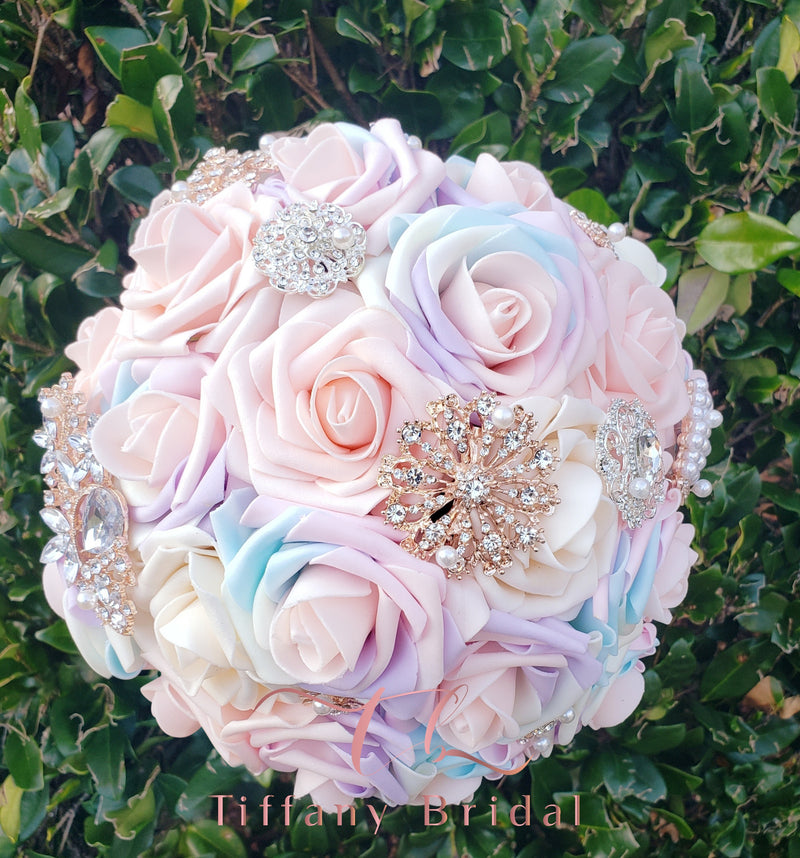 Blush Pink Blue Brooch Bouquet