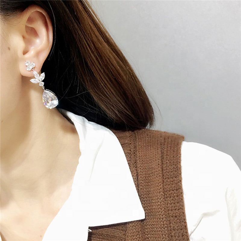 Gorgeous Bridal Wedding Earring Jewelry Silver Color Brilliant Cubic Zircon Anniversary Elegant Women Fashion Earring