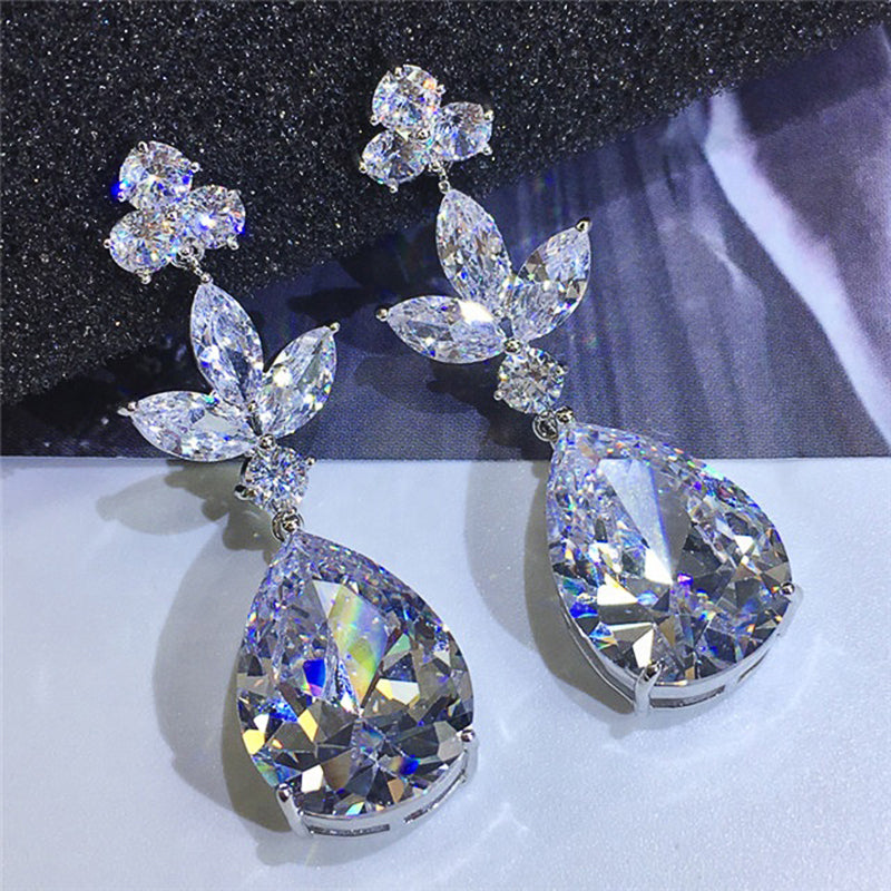 Gorgeous Bridal Wedding Earring Jewelry Silver Color Brilliant Cubic Zircon Anniversary Elegant Women Fashion Earring