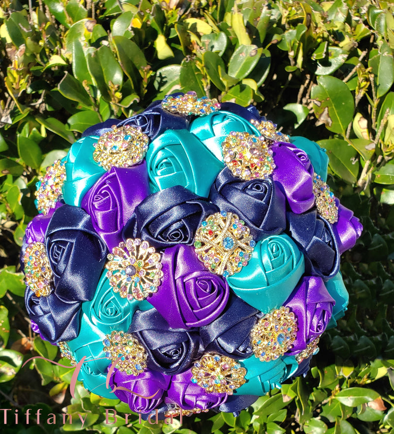 Teal Blue Purple Satin Brooch Bouquet