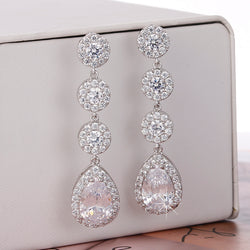 Luxury Crystal Zircon Round Long Drop Earrings for Women Wedding Silver Color Dangle Earrings Party Indian Jewelry Accessories