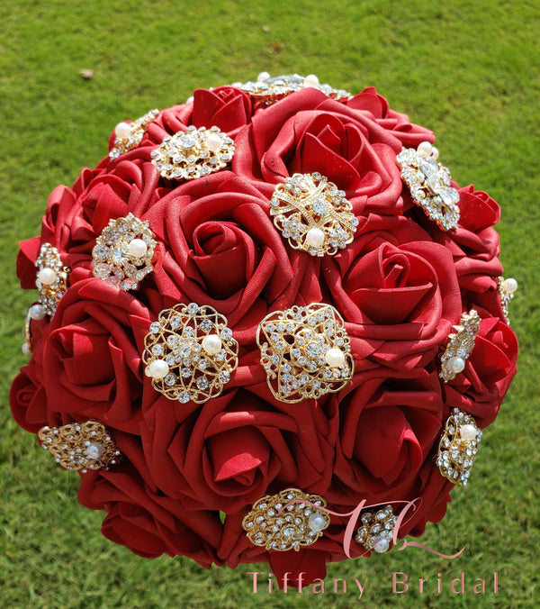 Red Rose Brooch Wedding Bouquet