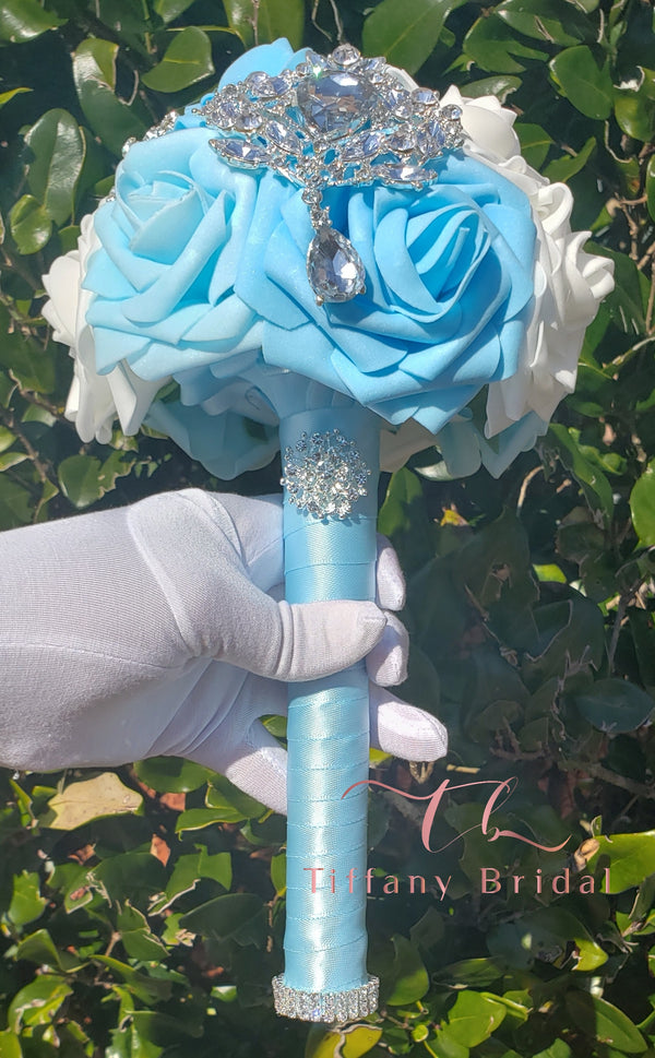 Blue and White Brooch Wedding Bouquet