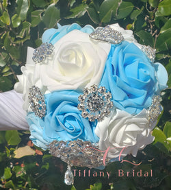 Blue and White Brooch Wedding Bouquet