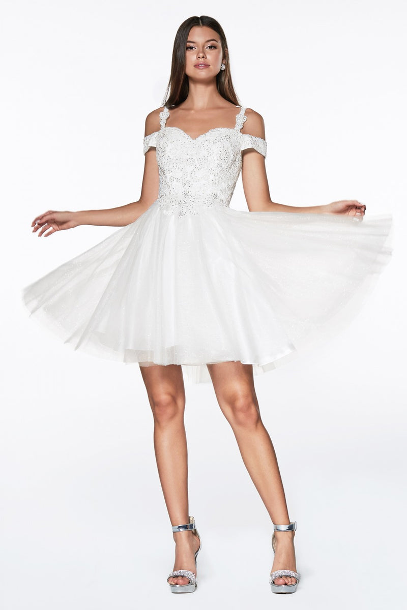 SHORT COLD SHOULDER GLITTER DRESS BY CINDERELLA DIVINE CD0132