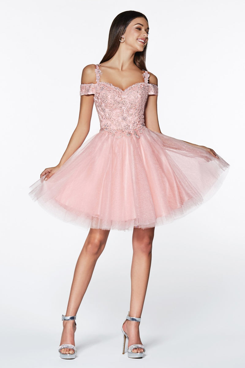 SHORT COLD SHOULDER GLITTER DRESS BY CINDERELLA DIVINE CD0132
