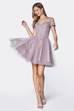 SHORT COLD SHOULDER GLITTER DRESS BY CINDERELLA DIVINE CD0132