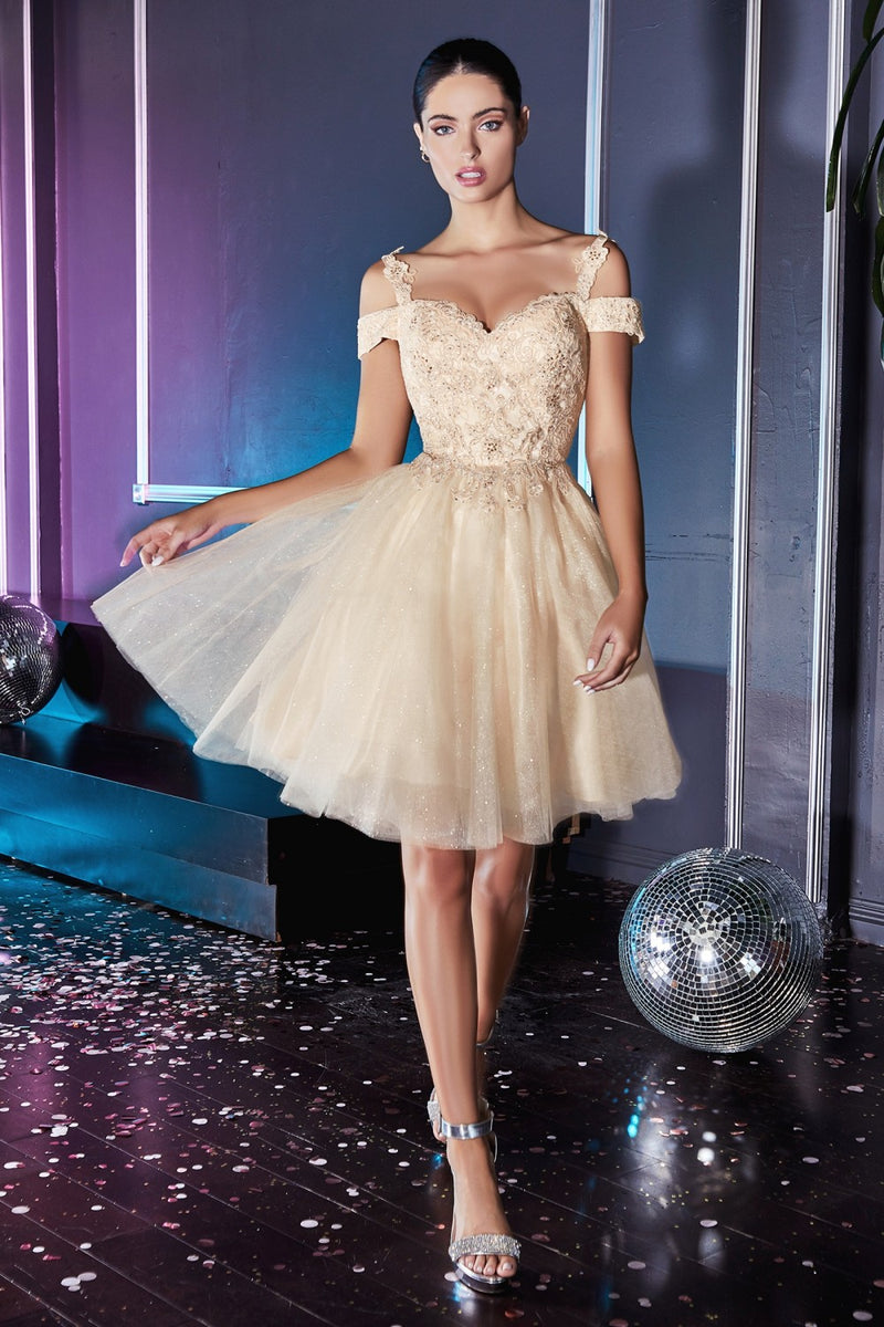 SHORT COLD SHOULDER GLITTER DRESS BY CINDERELLA DIVINE CD0132