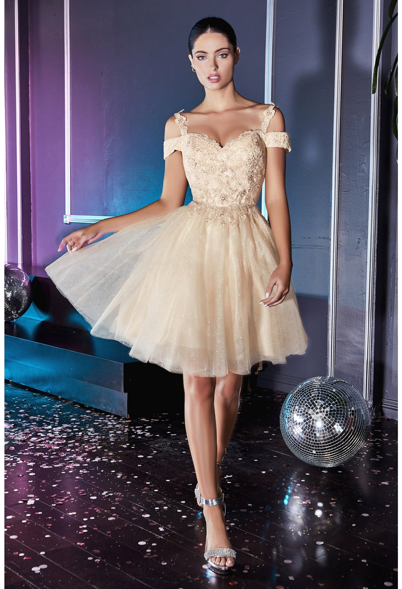 SHORT COLD SHOULDER GLITTER DRESS BY CINDERELLA DIVINE CD0132