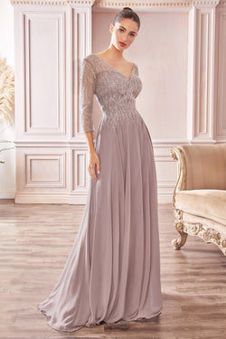 3/4 Sleeve Chiffon Gown By Cinderella Divine CD0171
