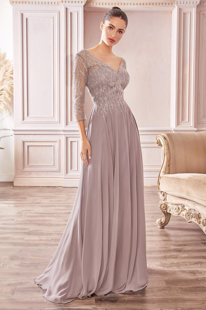 3/4 Sleeve Chiffon Gown By Cinderella Divine CD0171