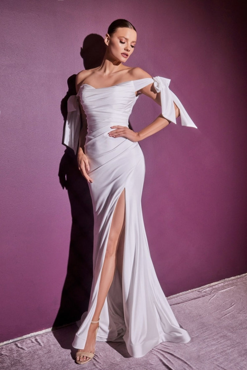 WHITE OFF SHOULDER GOWN BY CINDERELLA DIVINE CD944W