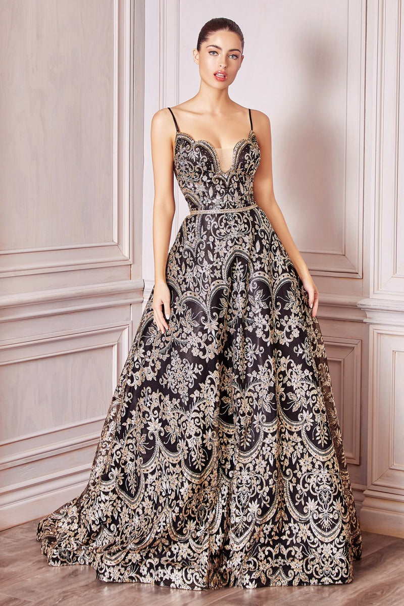 LONG A-LINE GLITTER PRINT DRESS BY CINDERELLA DIVINE CM8075