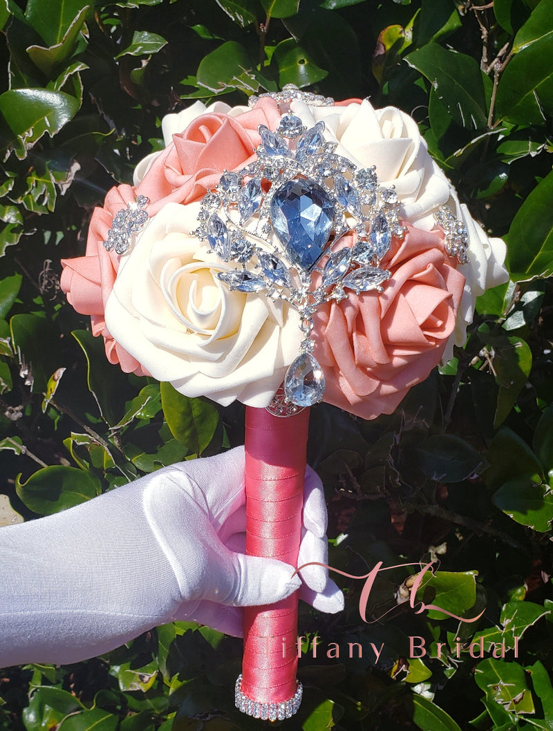Coral and Ivory Brooch Wedding Bouquet