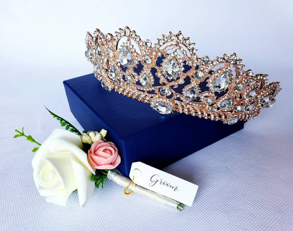 Rose Gold Tiara Crown Bride Bridesmaid Crystal Tiara Gold Tiara Large Tiara