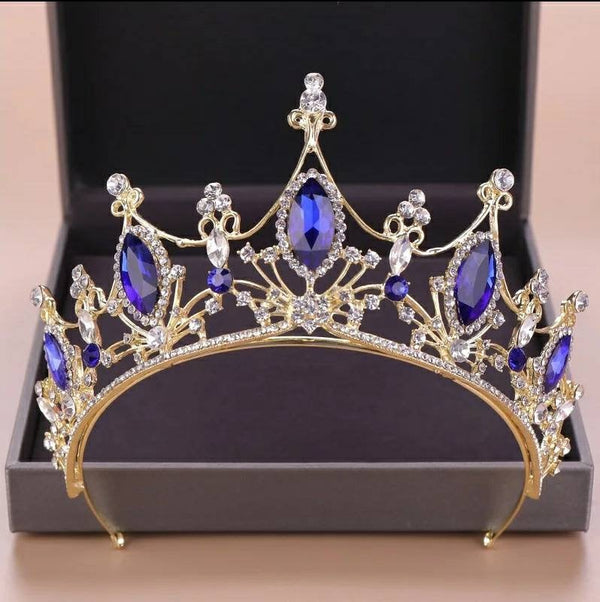 Royal Blue Gold Tiara Crown Bride Bridesmaid Crystal Tiara