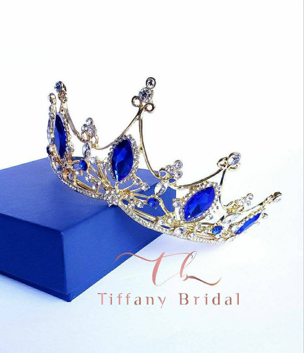 Royal Blue Gold Tiara Crown Bride Bridesmaid Crystal Tiara