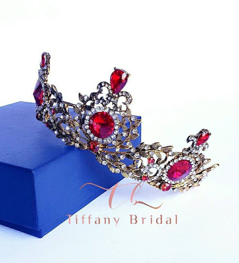 Red Gold Tiara Crown Bride Bridesmaid Crystal Tiara