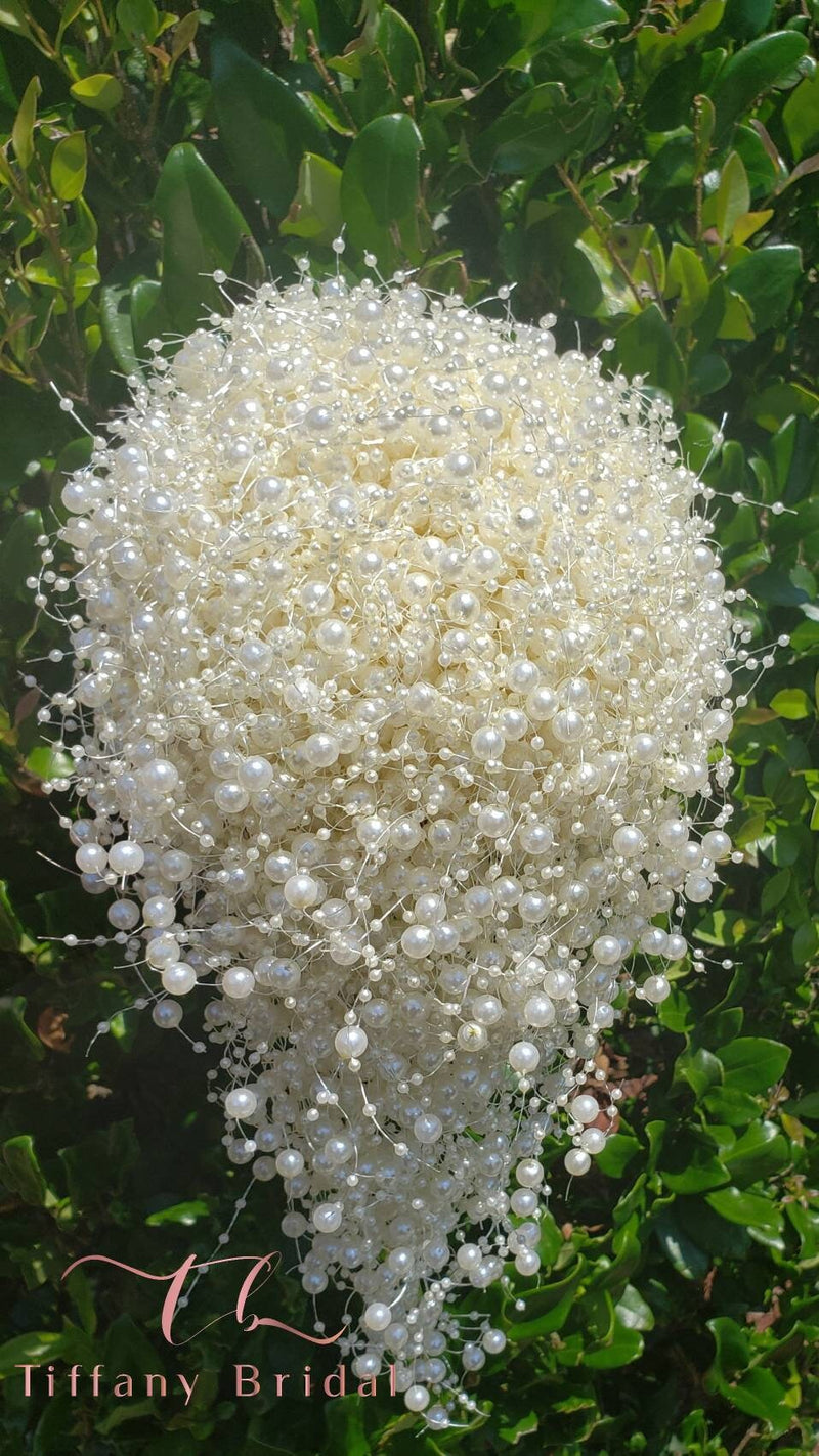 Woman's Pearl Ivory White Cascading Long Bouquet Wedding Teardrop Pearl Strand Sweet16 Quinceanera Keepsake Bride Bridal Bridesmaid Large