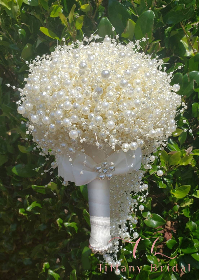 Woman's Pearl Ivory White Cascading Long Bouquet Wedding Teardrop Pearl Strand Sweet16 Quinceanera Keepsake Bride Bridal Bridesmaid Large