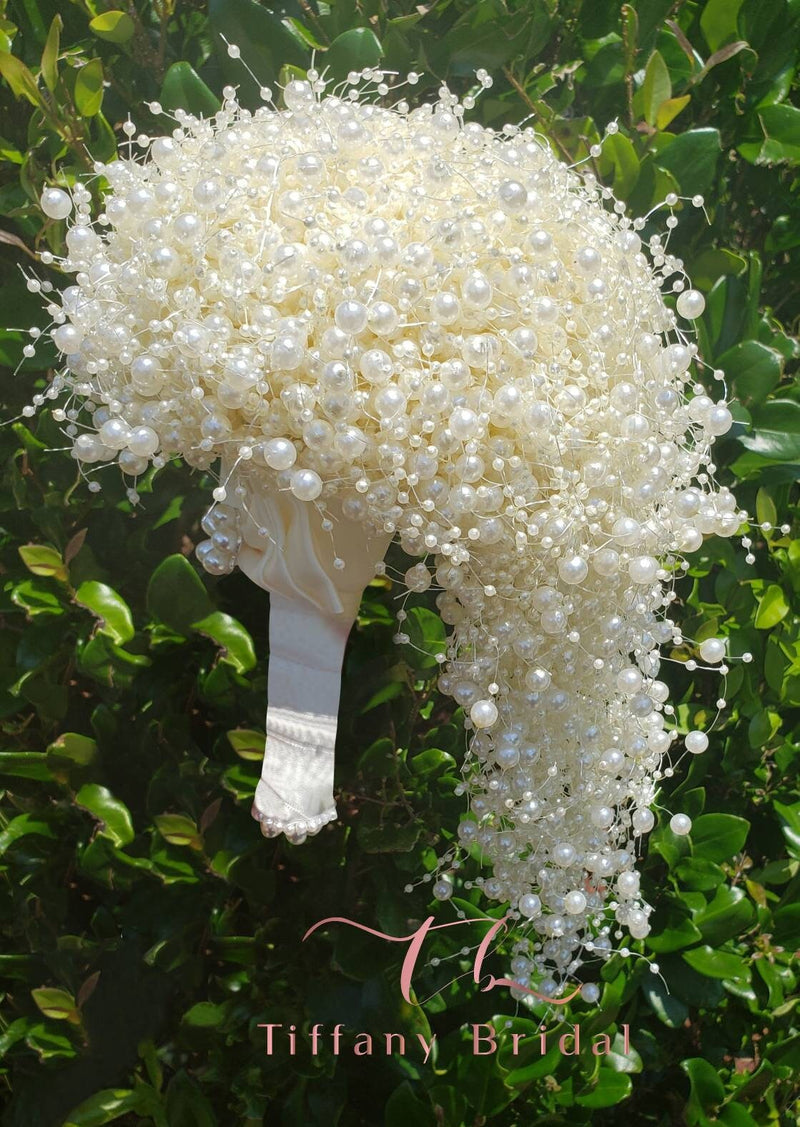 Woman's Pearl Ivory White Cascading Long Bouquet Wedding Teardrop Pearl Strand Sweet16 Quinceanera Keepsake Bride Bridal Bridesmaid Large