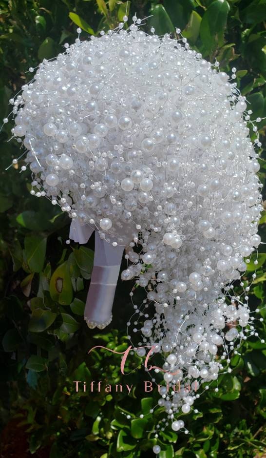 White Pearl Cascading Wedding Bouquet