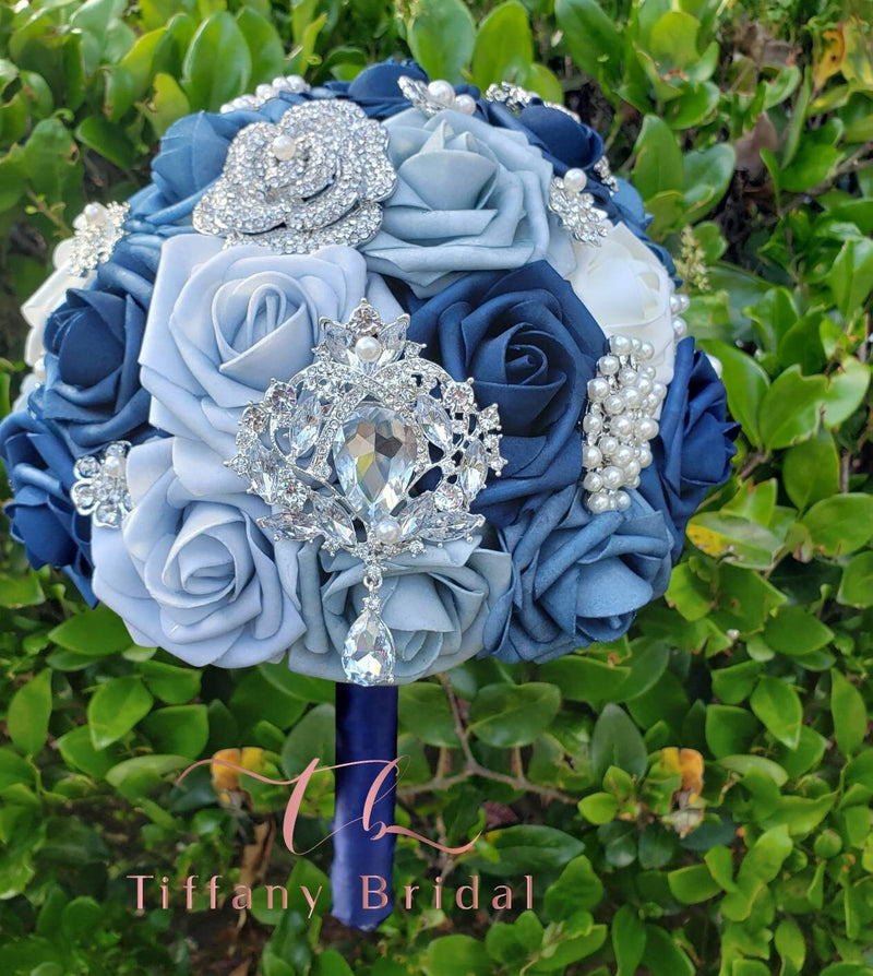Dusty Blue Wedding Brooch Bouquet