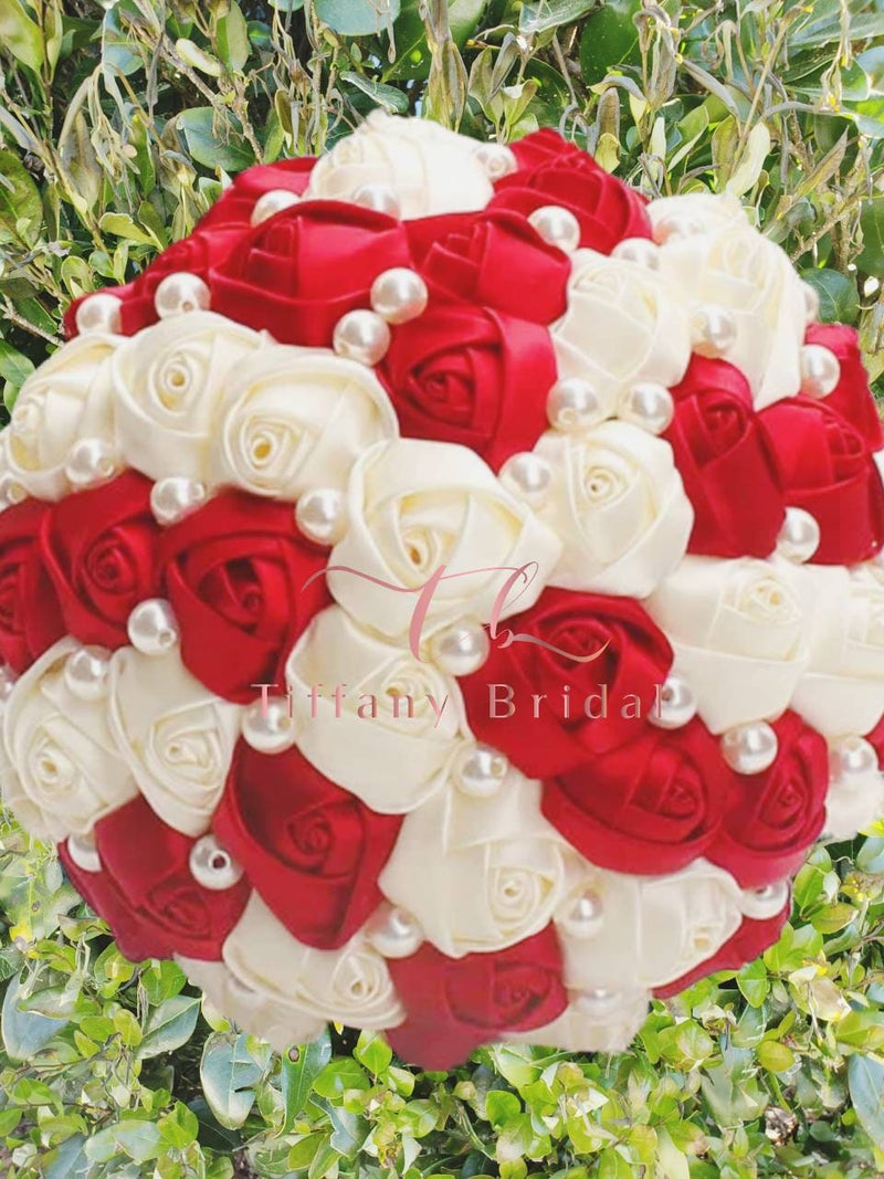Purple Ivory Satin Wedding Bouquet - Pearl Bouquet - Bridal Bouquet - Keepsake Bouquet - Toss Bouquet - Wedding Flowers - Bridesmaid Bouquet