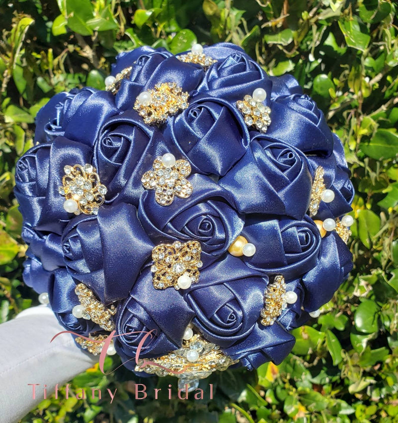 Navy Blue Gold Wedding Brooch Bouquet