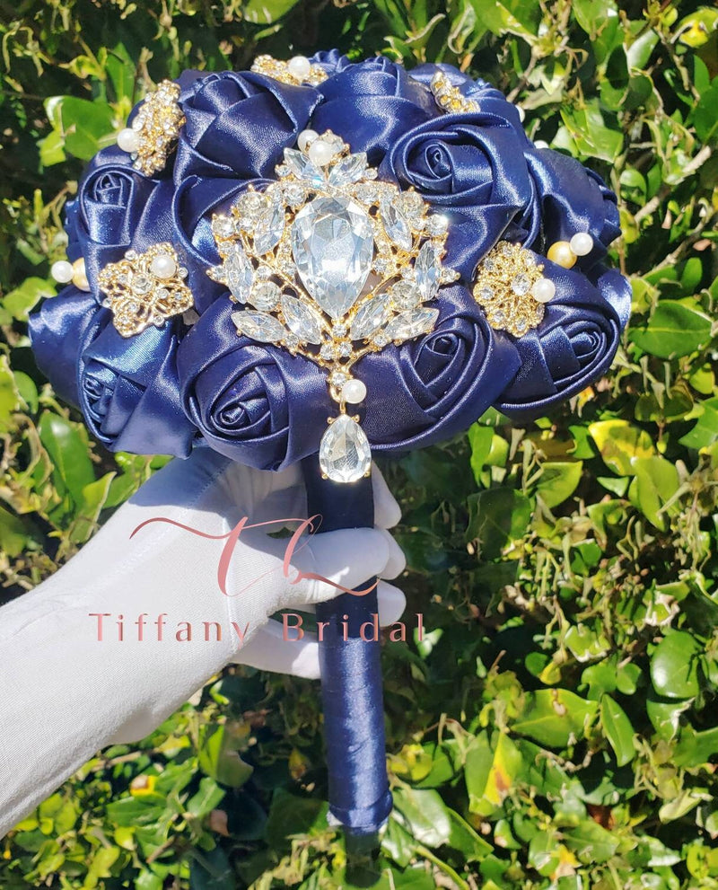Navy Blue Gold Wedding Brooch Bouquet