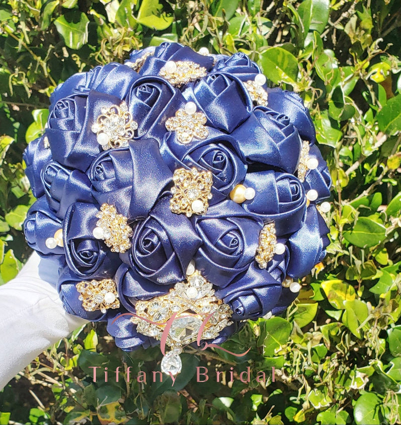 Navy Blue Gold Wedding Brooch Bouquet
