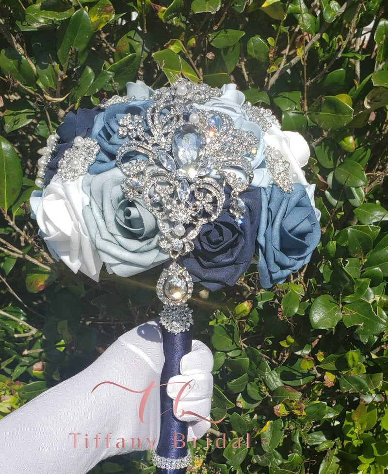 Dusty Blue Wedding Brooch Bouquet